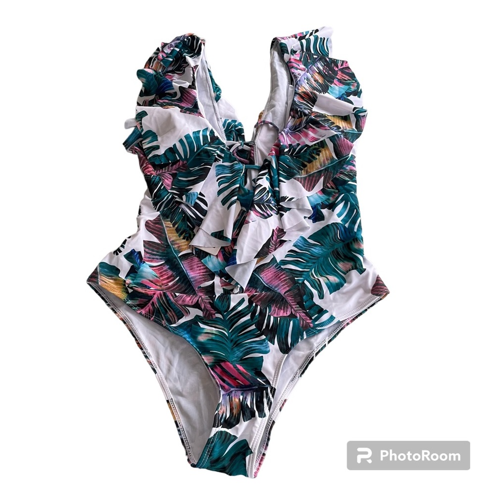 Sporlike Womens one piece bathing suit multi colored palm leaves large
